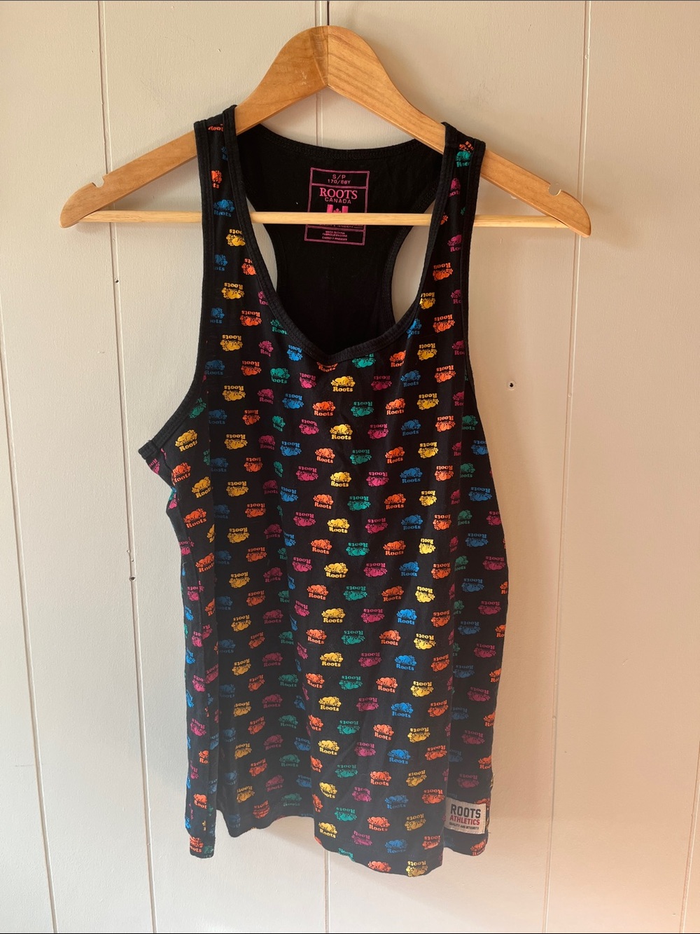 Roots Black Tank with Multicolored Logo Pattern